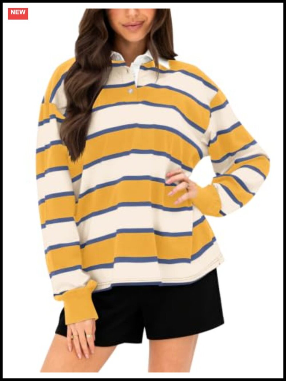 Women's Oversized Long Sleeve Striped Rugby Shirt Cotton Polo